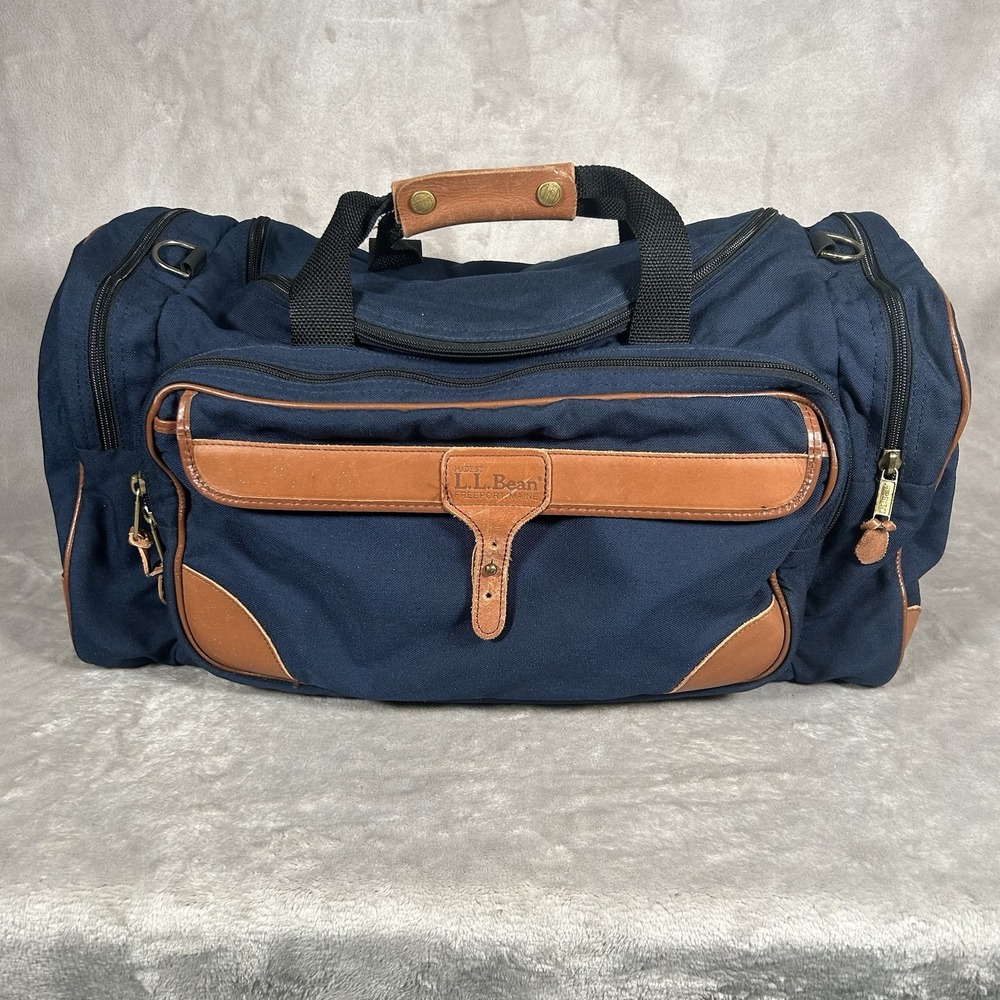 Vtg LL Bean Navy Canvas Leather Duffle Bag Shoulder Strap 22x12x10 43L